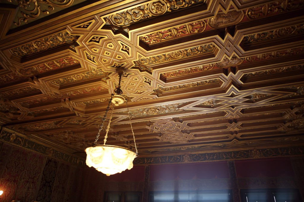 Gold Inlaid Ceiling and Lamp