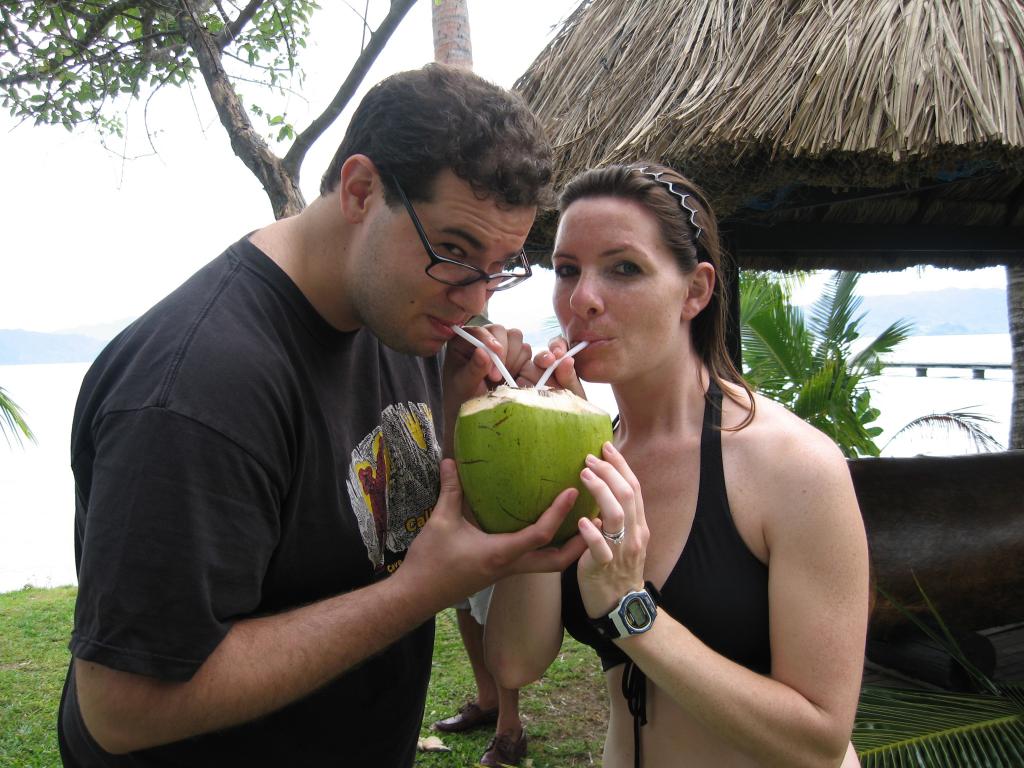 dave and penelope drinking green coconut