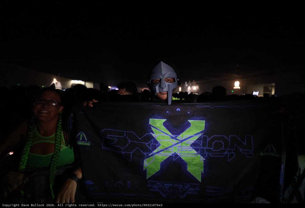 MF DOOM Mask Fan Holds Excision Banner at Wobbleland