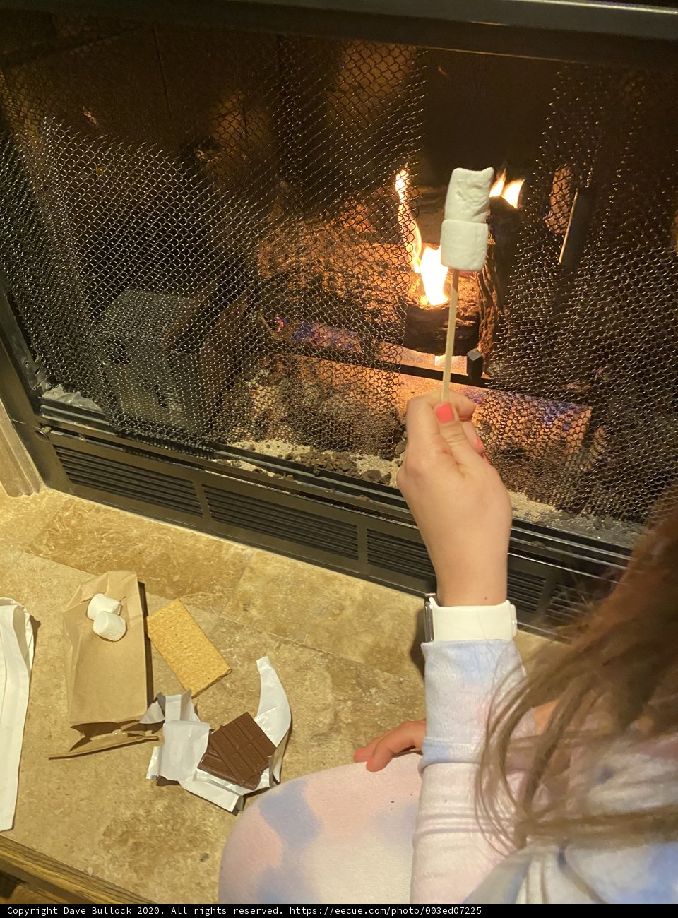 Roasting marshmallows by the fireplace