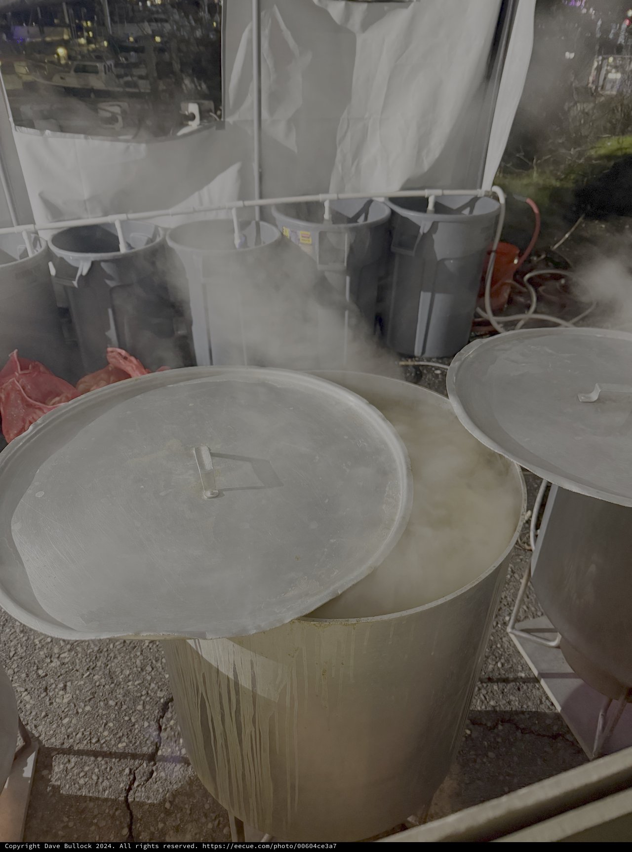 Steamy Industrial Kitchen with Large Cooking Pots