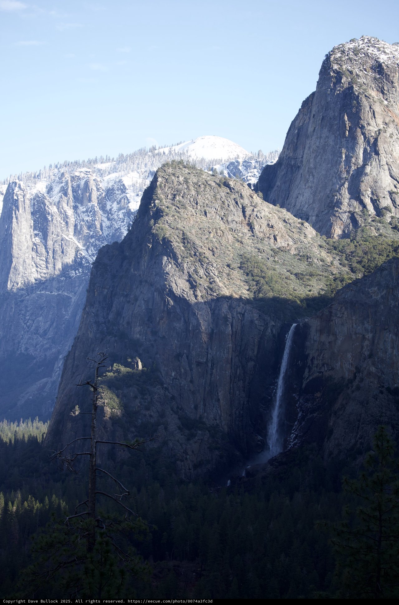 Bridalveil Fall and Snow-Capped Peaks in Yosemite Valley