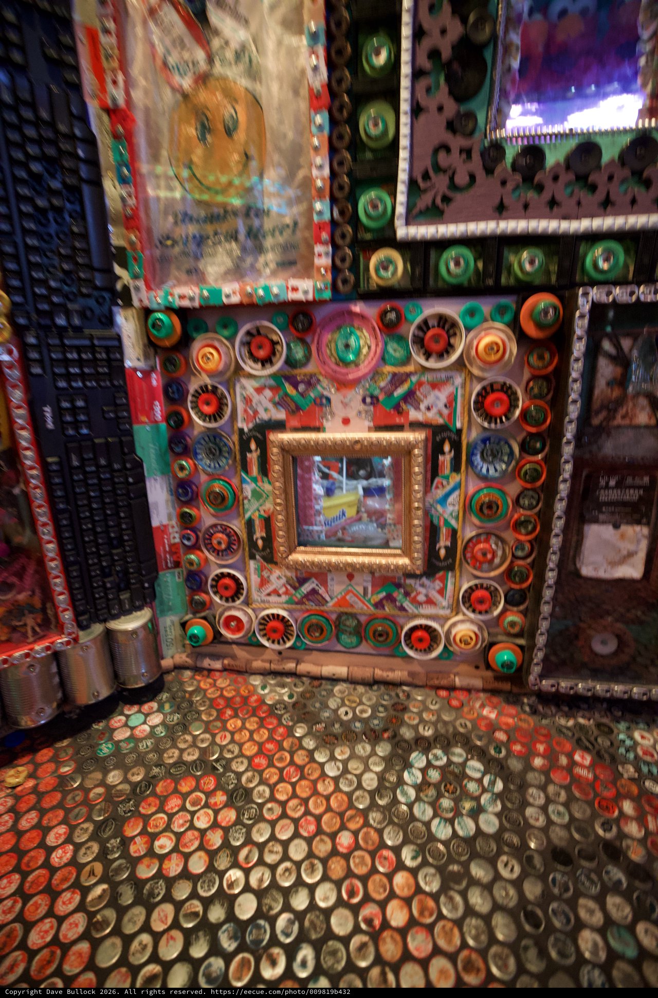 Eclectic Bottle Cap and Found Object Art Installation