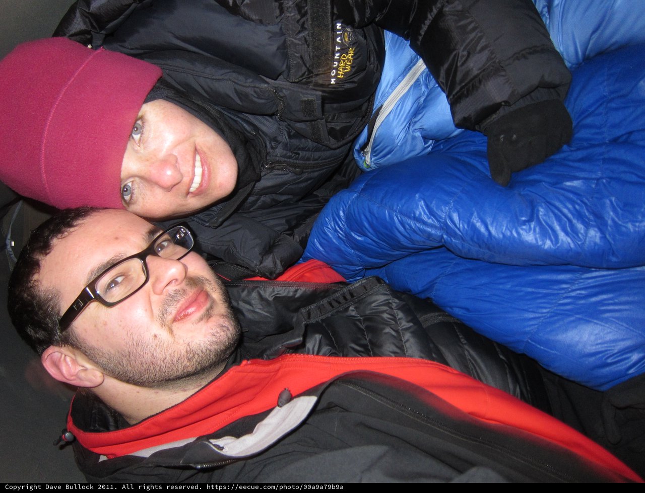 Bundled Up Friends Sharing Warmth on Cold Night