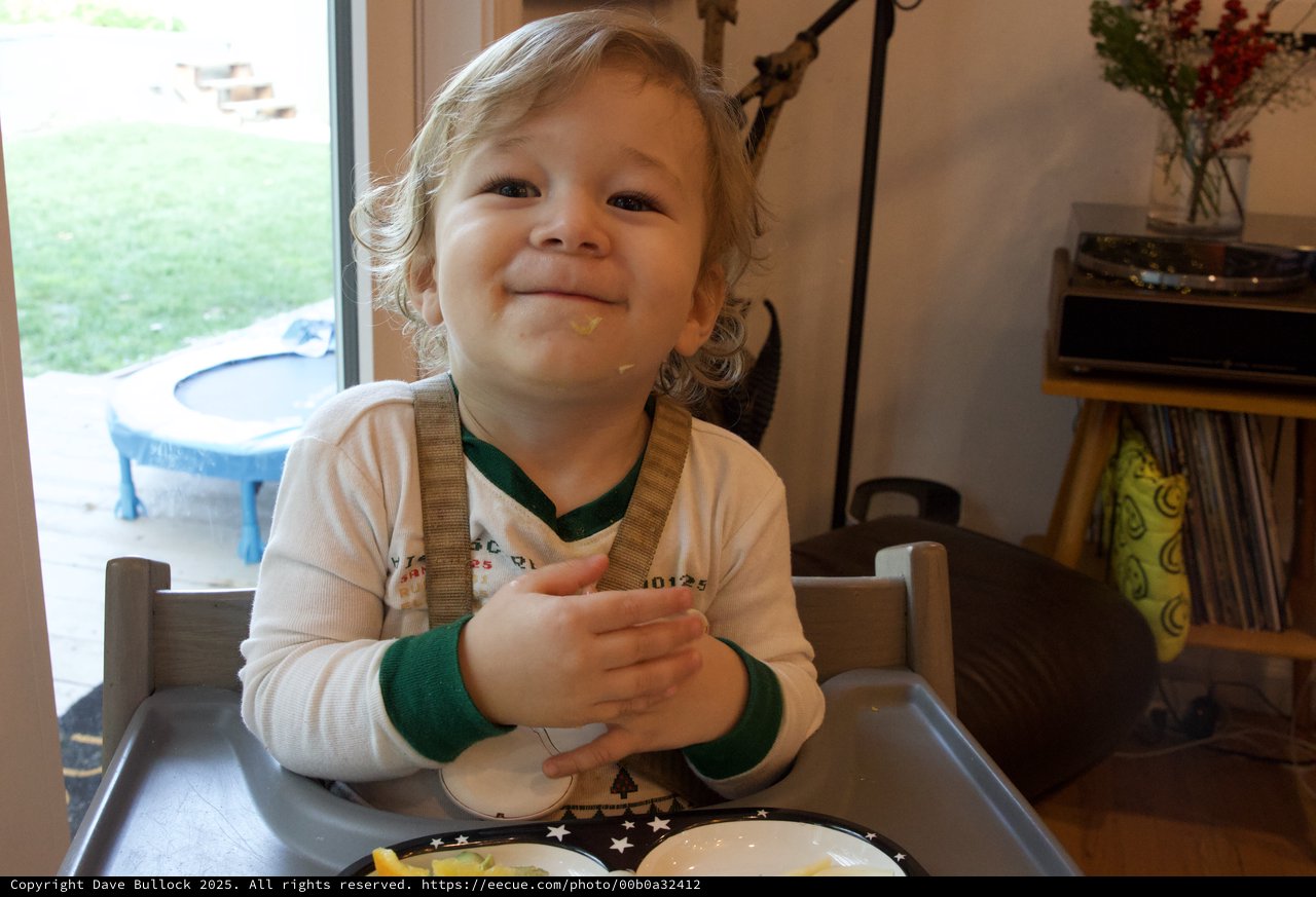 Joyful Toddler Enjoying Christmas Eve Meal at Home
