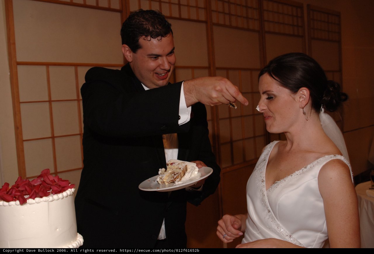 Groom Smears Wedding Cake on Bride's Nose