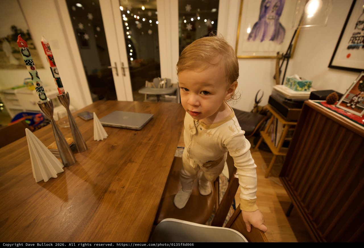 Curious Toddler at Wooden Dining Table in Modern Home