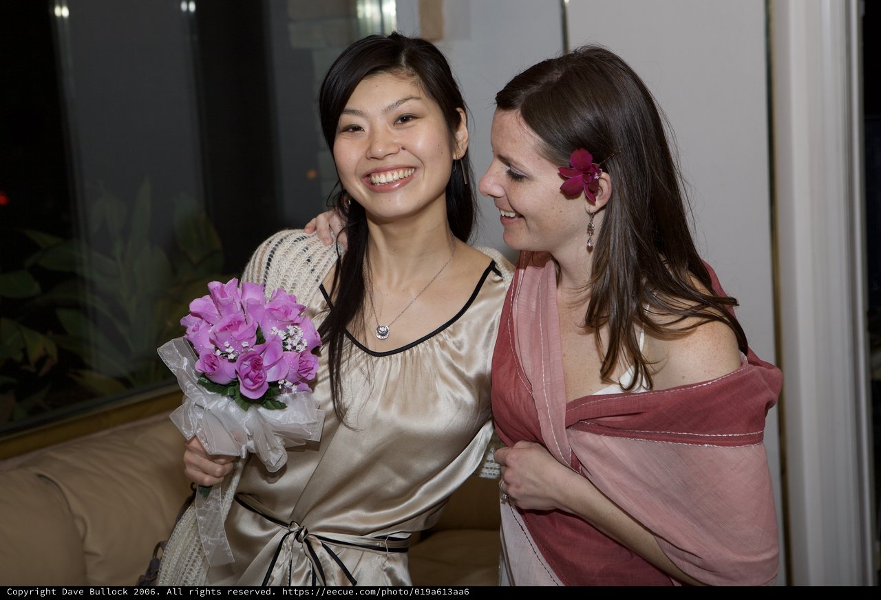 Two Friends Celebrate at a Wedding Reception