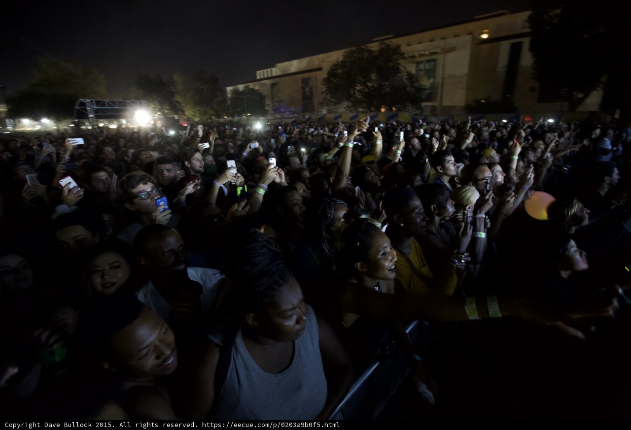 FYF Fest Massive Crowd Night Phones Lit Stage Lights Woman Gray Tank Top Diverse Audience