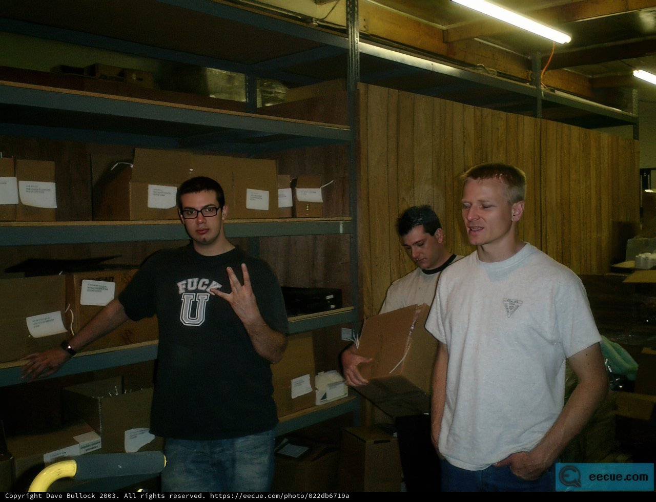 Three Men in a Clothing Warehouse
