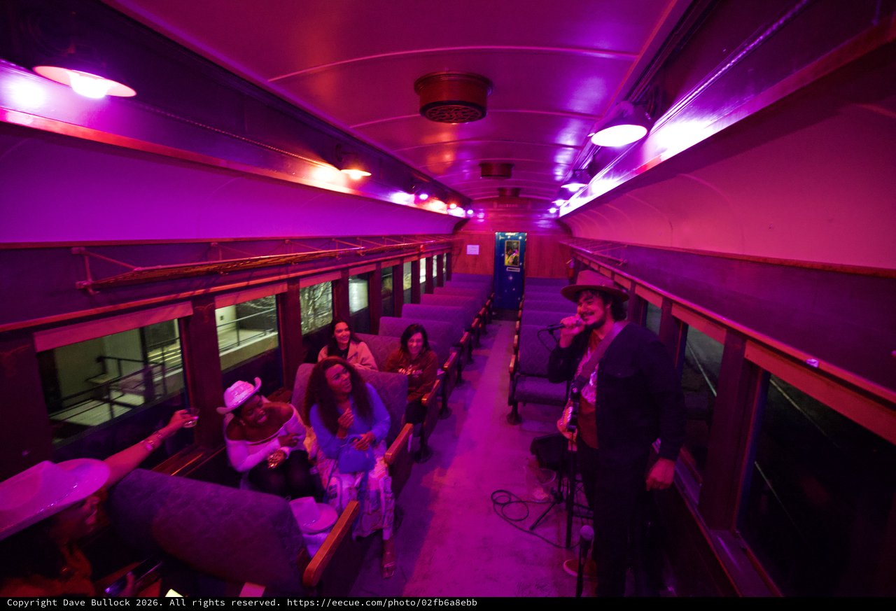 Purple-Lit Observation Car on Historic Santa Fe Train