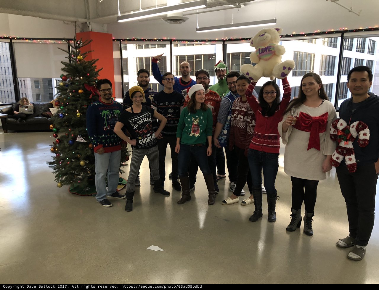 Office Ugly Christmas Sweater Party Group Photo 2017
