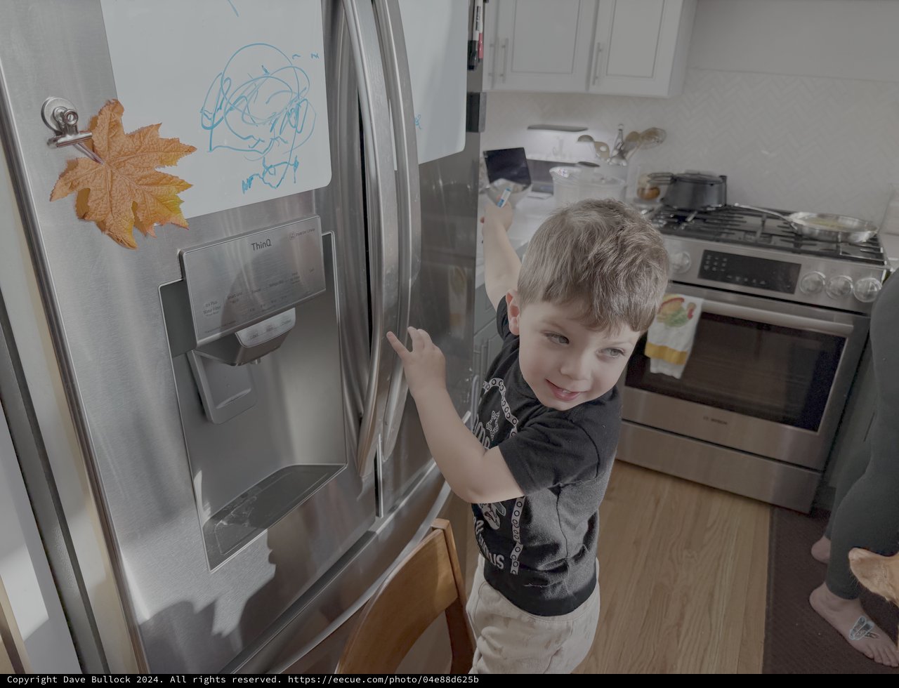 Young Boy Opening Refrigerator in Modern Kitchen