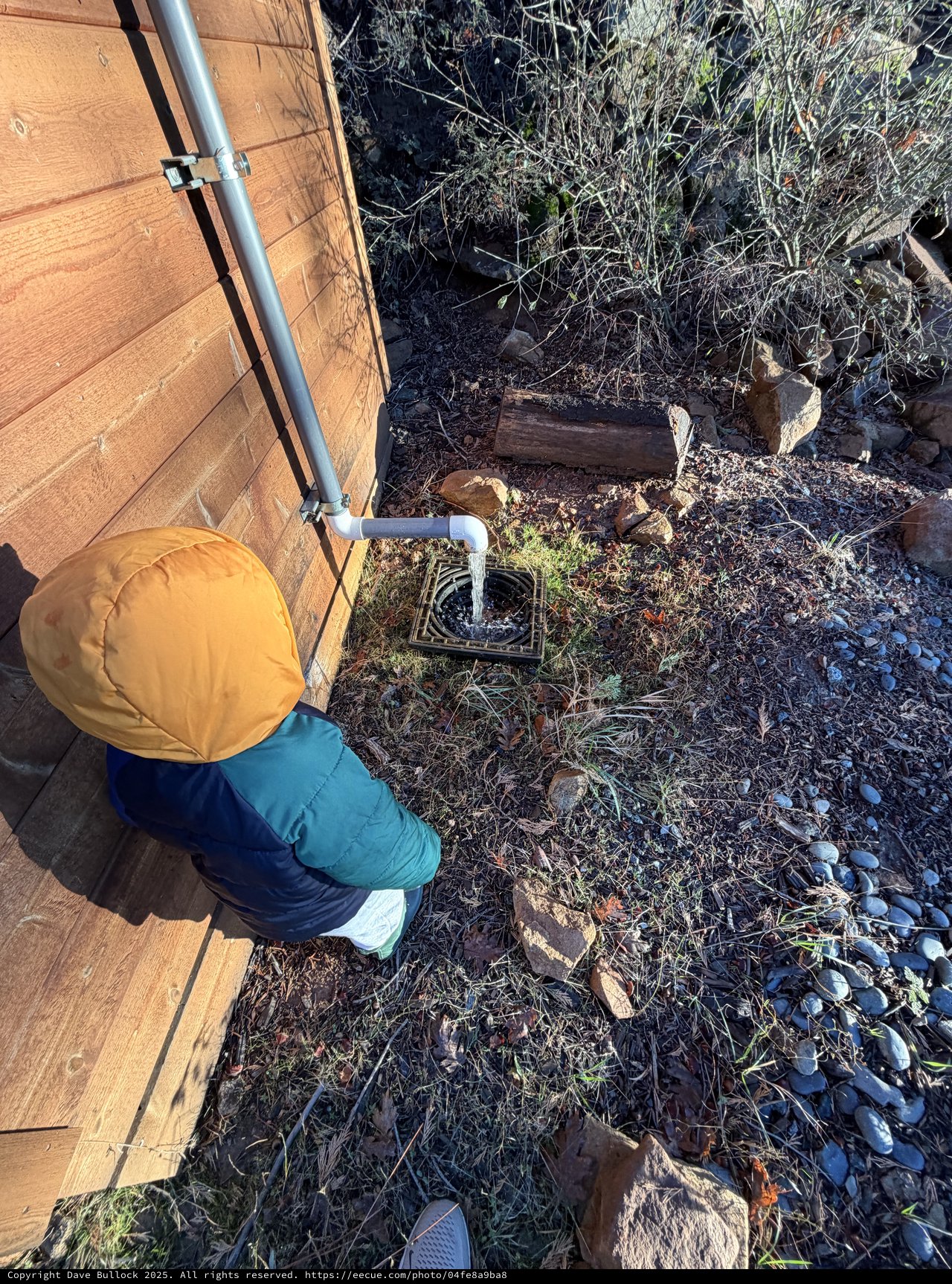Child Inspects Rainwater Drainage System Beside Cabin
