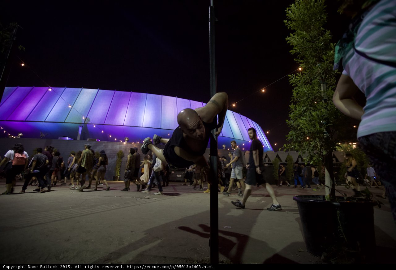 FYF Fest Bald Man Pole Grip LA Sports Arena Purple Blue Cyan Lights Crowd Night