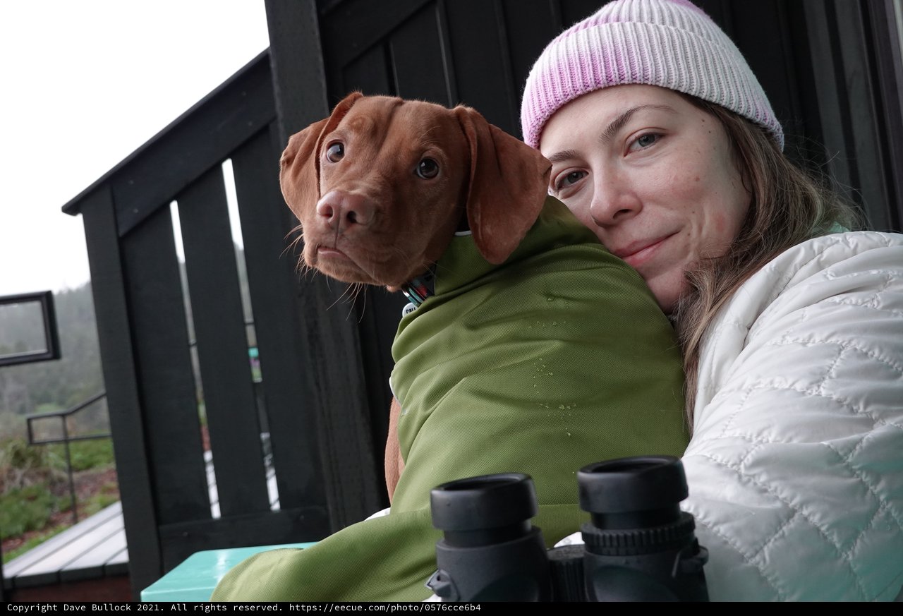 Woman and Dog Bundled for Cold Weather Outdoors