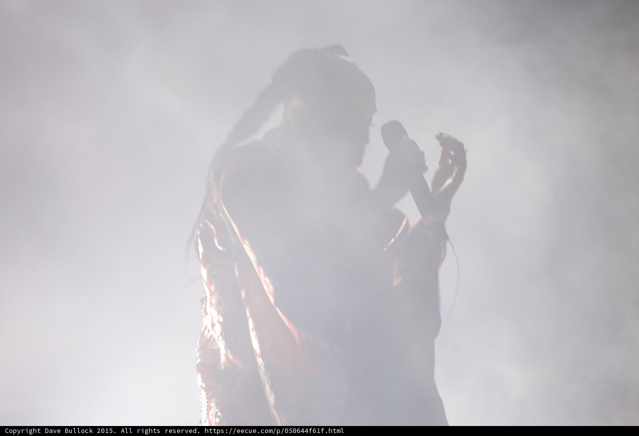 FKA twigs Silhouette Two Braids Singing Microphone Expressive Hand Red Brocade Kimono Heavy Haze Atmospheric