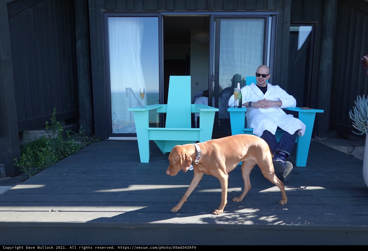 Relaxing with Dog on Modern Deck