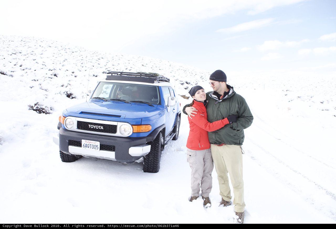 Couple Embracing in Snowy Mountain Landscape