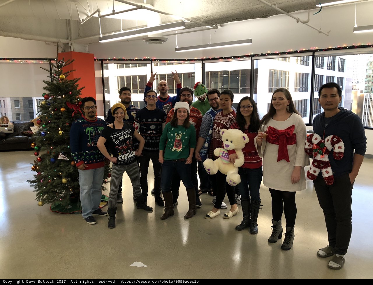 Office Ugly Christmas Sweater Party Group Photo 2017
