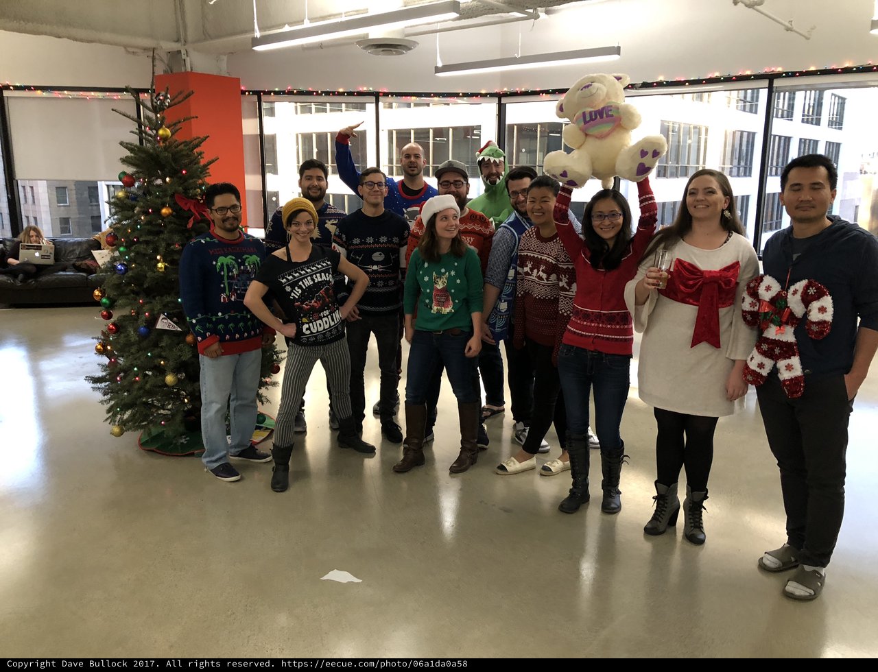 Office Ugly Christmas Sweater Party Group Photo 2017