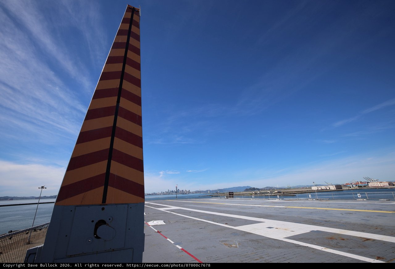 Striped Navigation Tower on USS Hornet Flight Deck