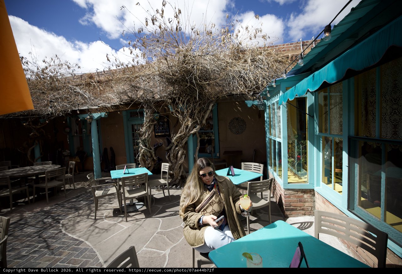 Relaxing at a Turquoise Courtyard Café in Santa Fe