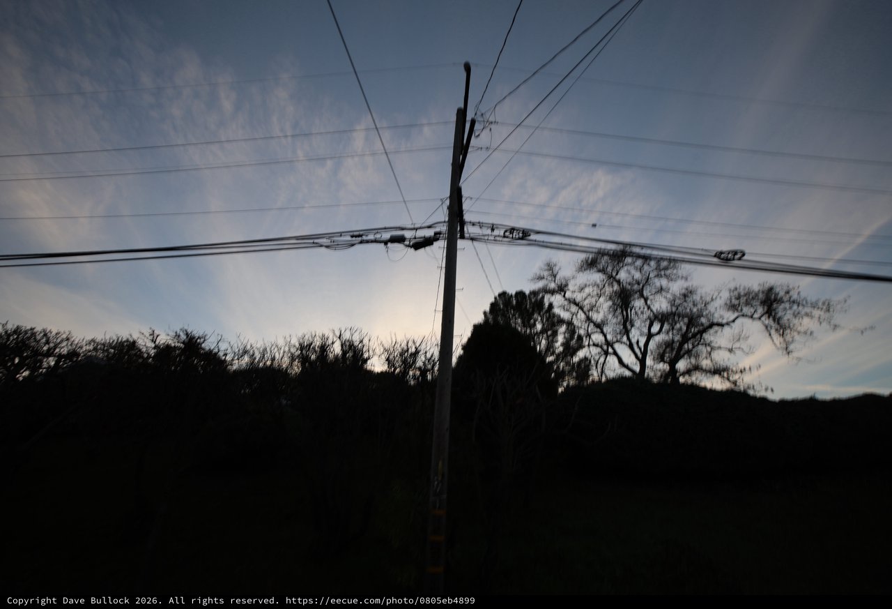 Power Lines Against Twilight Sky at Dusk
