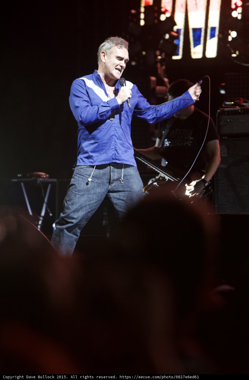 Morrissey Full Body Singing Blue Shirt Mic Cord Bassist Capitol Tee UNITED Screen Crowd