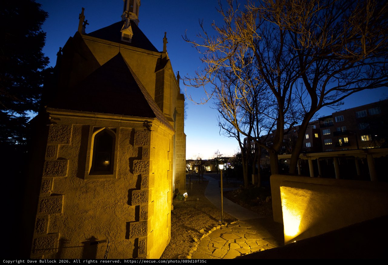 Historic Stone Chapel Illuminated at Blue Hour in Santa Fe