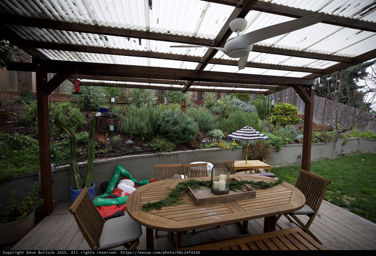 Covered Deck Garden Retreat with Holiday Decorations