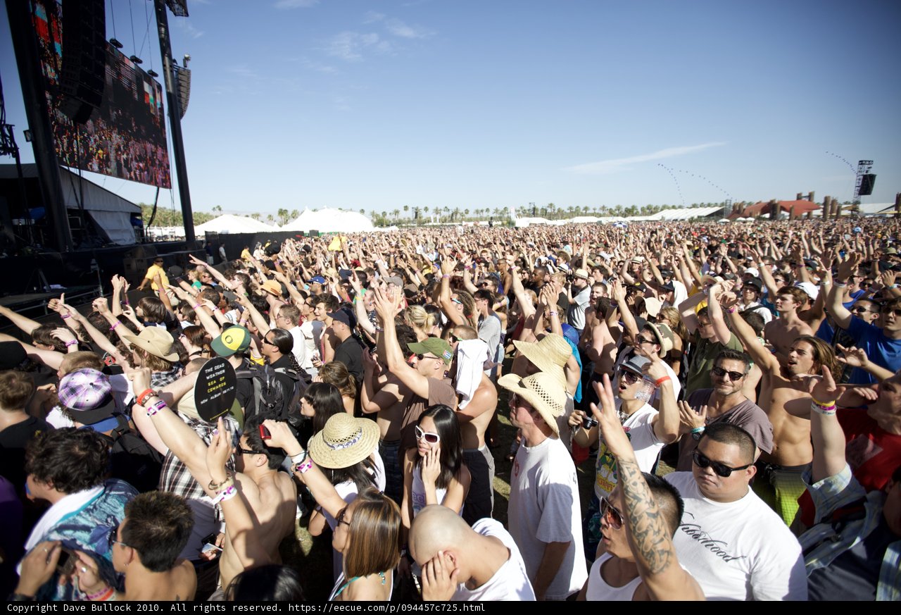High on Music Caption: The crowd at Coachella Sunday 2010 with their hands up and spirits soaring as Kotozakura Masakatsu hypes up the concert-goers.