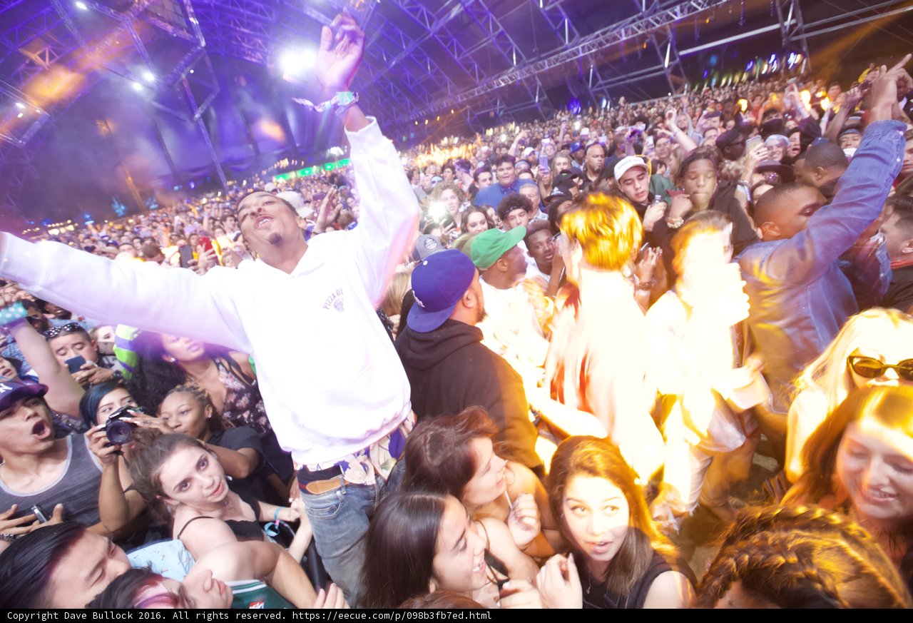 Man in White Shirt Surrounded by Crowd at Coachella