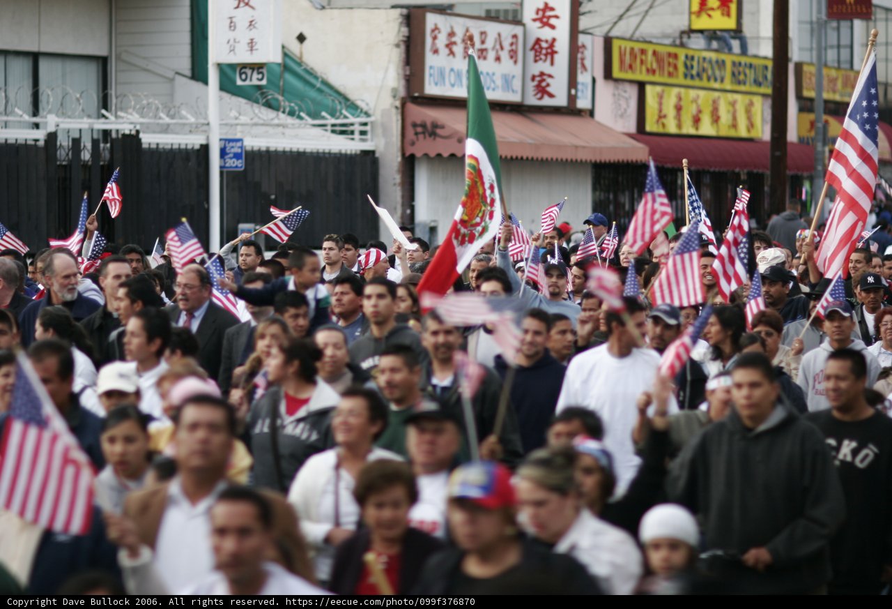 Patriotic Crowd Holds American Flags in the Street