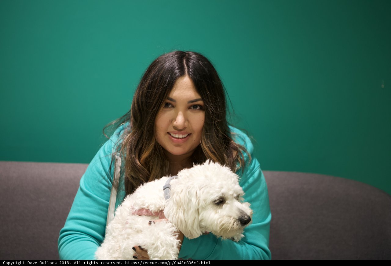 Happy Woman with White Canine Companion