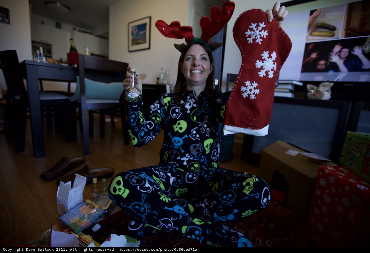 Joyful Christmas Morning in Skull Pajamas with Stocking