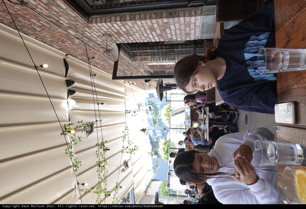 Friends Dining at Trendy Outdoor Restaurant Patio