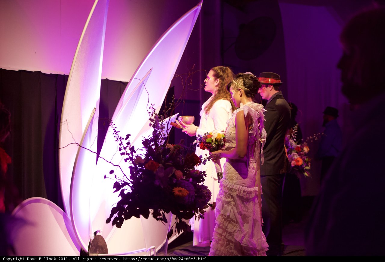 Elegant Wedding Couple Poses Next to Luxurious Flower Arrangement