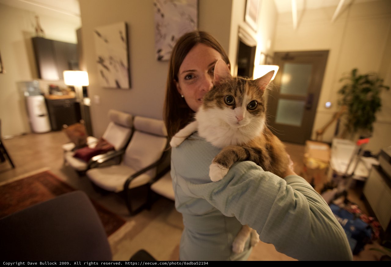 Woman Holds Fluffy Cat Up for the Camera
