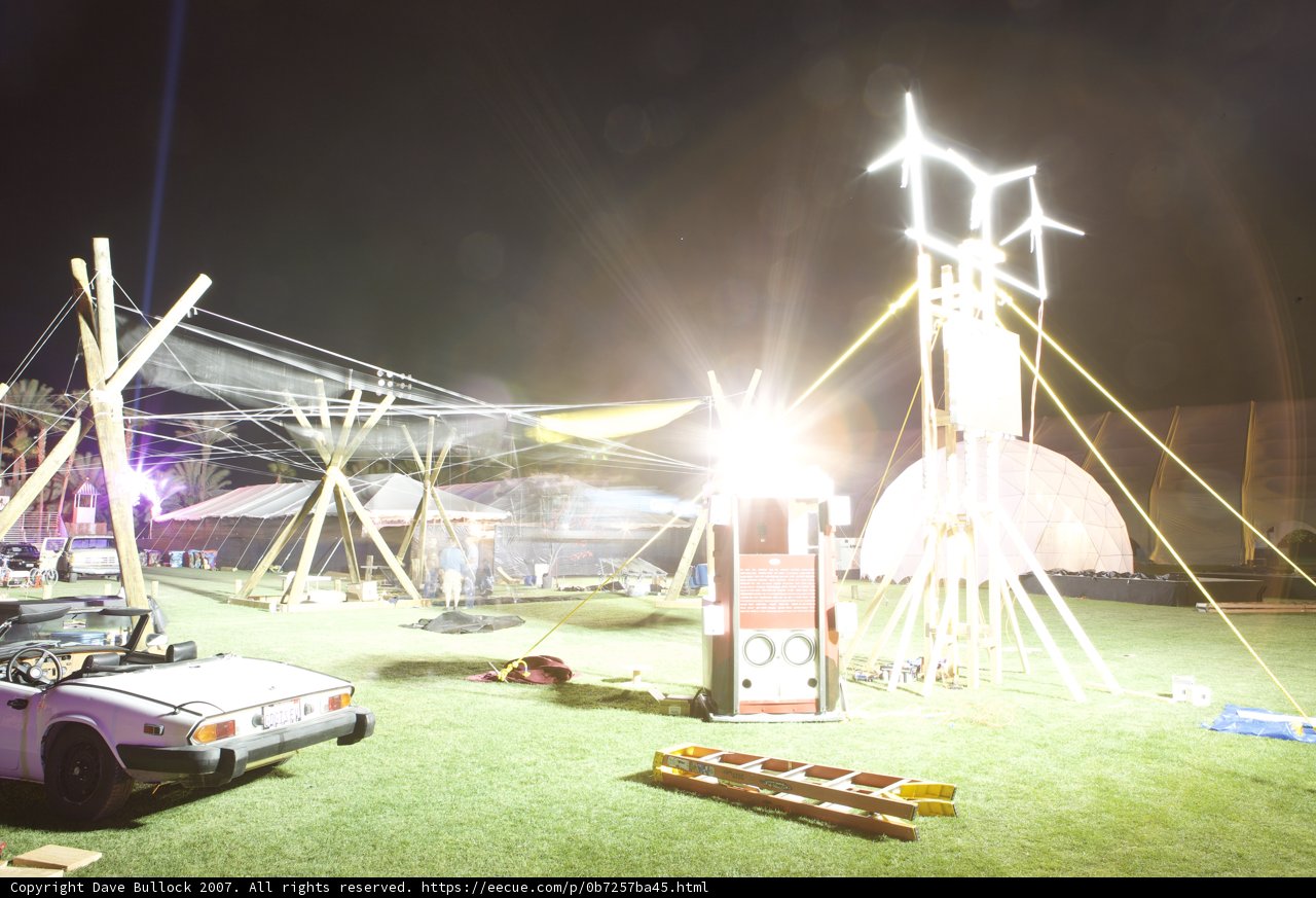 Parked Sports Car with Windmill in the Night Sky