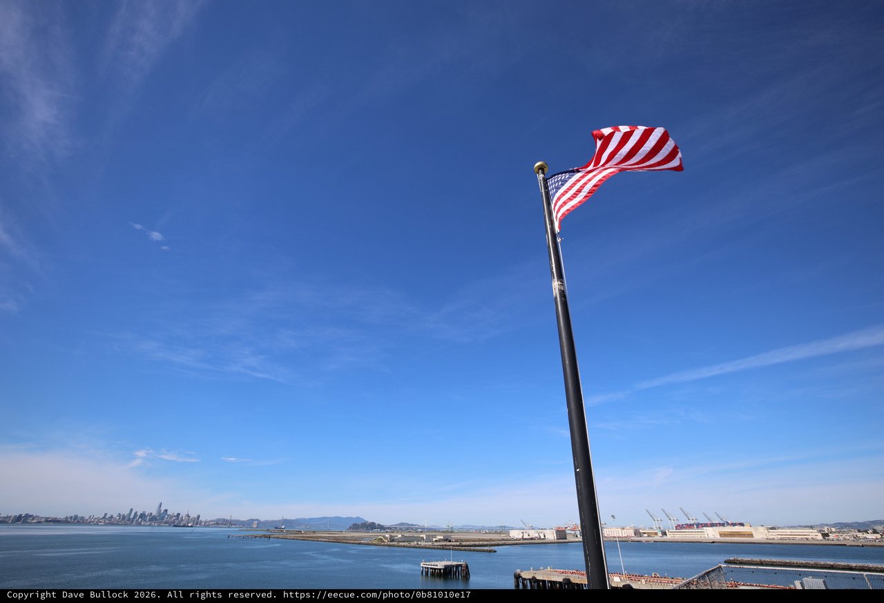 American Flag Flying Over San Francisco Bay