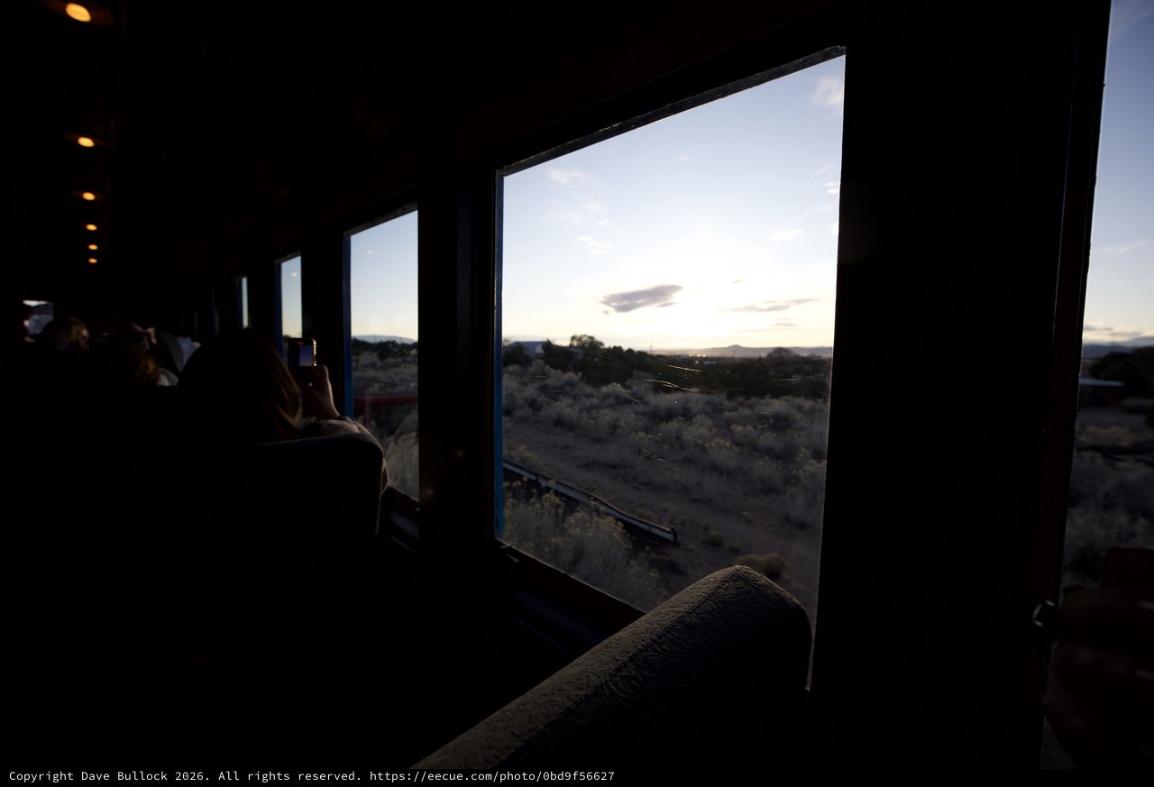 Desert Twilight Through Train Windows at Dusk