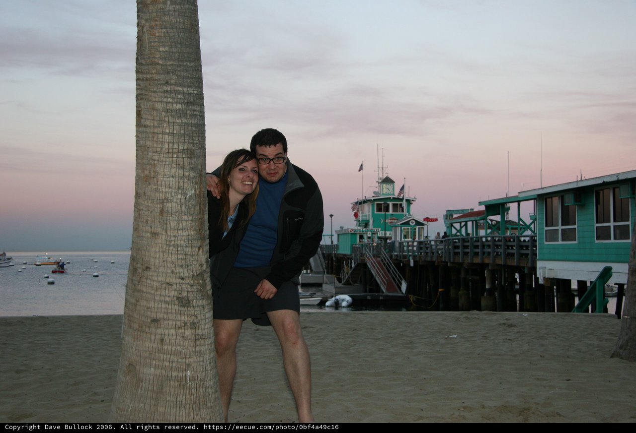 Couple Embracing by Palm Tree at Sunset Pier