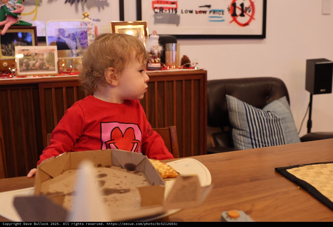 Young Child Eating Pizza at Christmas Dinner Table