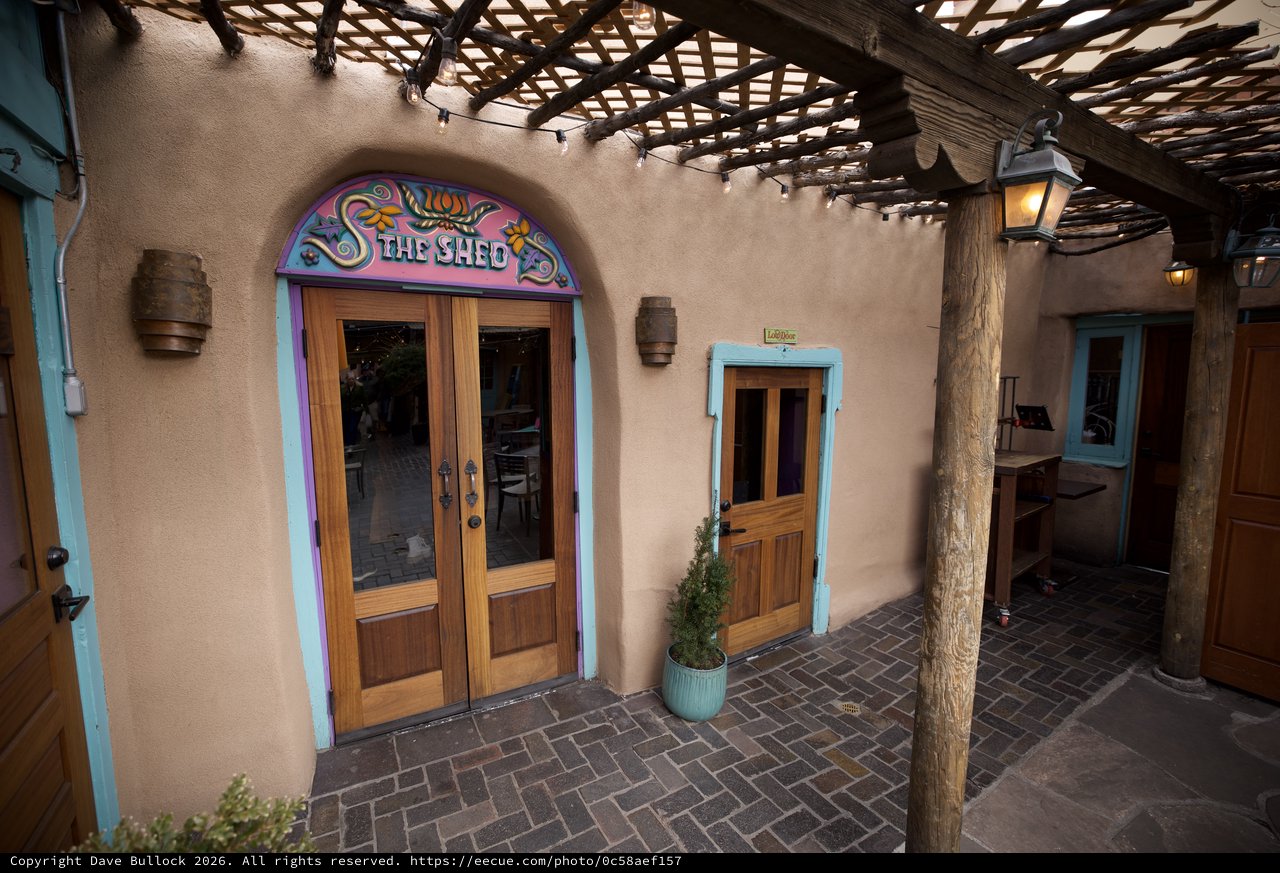 The Shed Restaurant Entrance in Santa Fe Adobe Courtyard