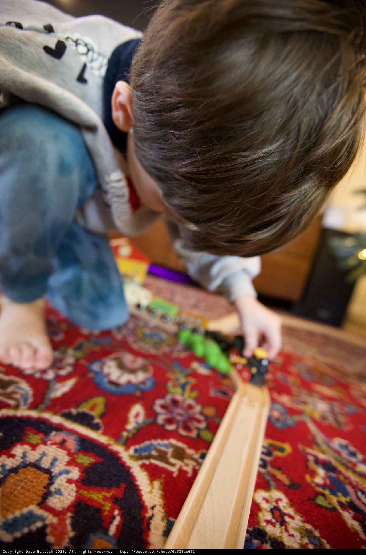 Child Playing with Wooden Train Set on Ornate Carpet