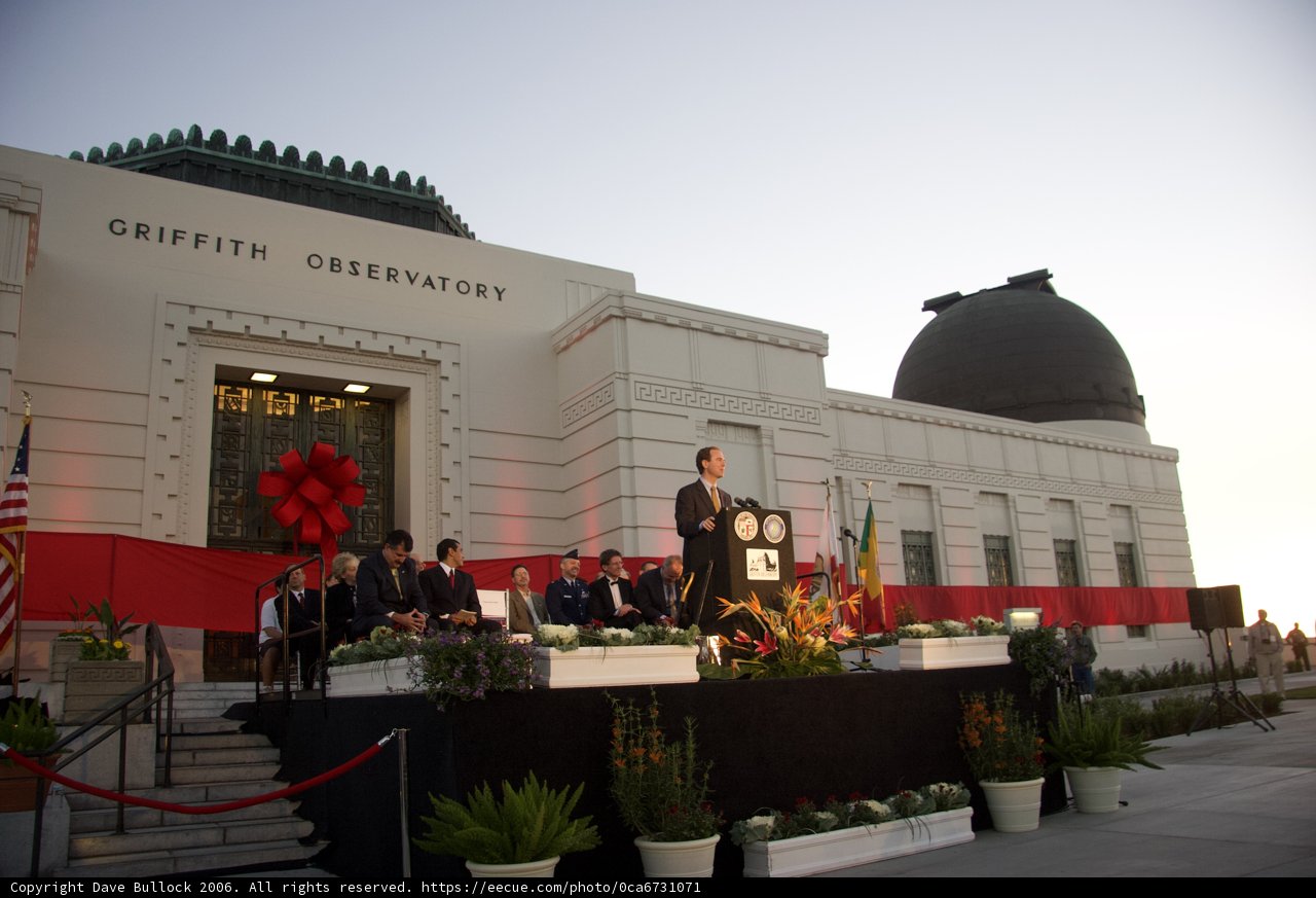 Adam Schiff Addresses Crowd at Building Podium
