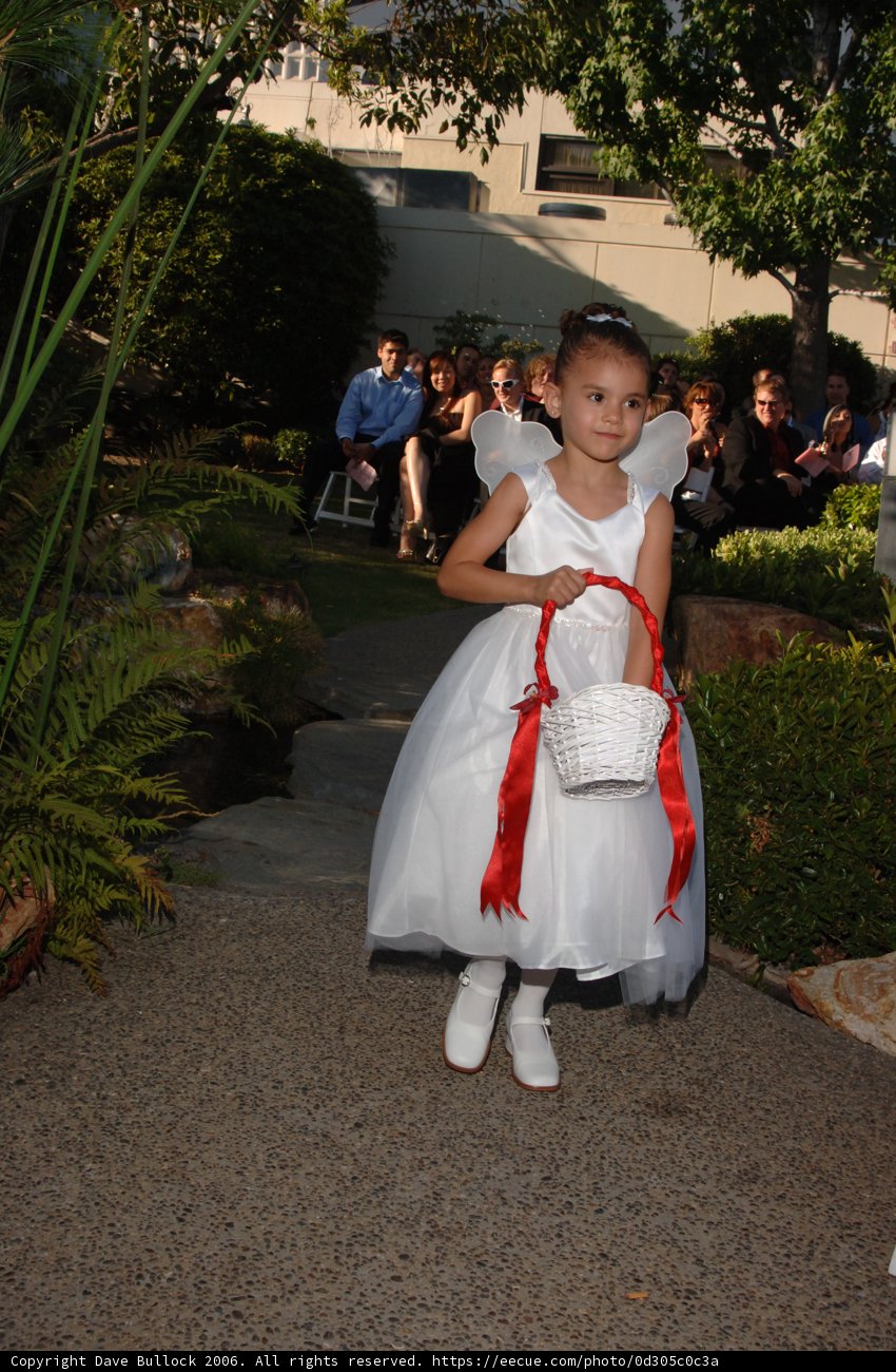 Little Girl in a Formal White Gown at a Garden Wedding