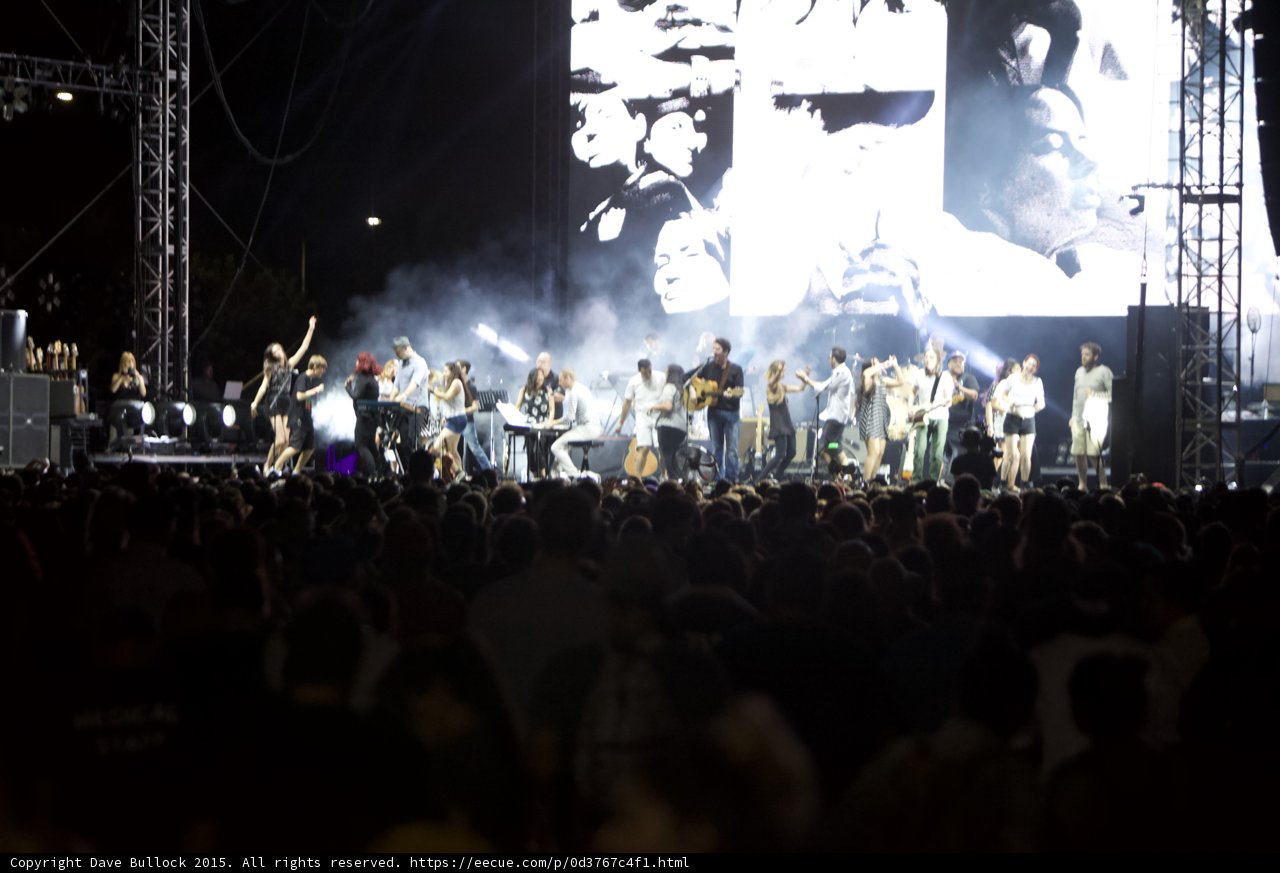 FYF Fest Wide Stage Ensemble Dancing Fans Video Screen Portraits Haze Spotlight Night