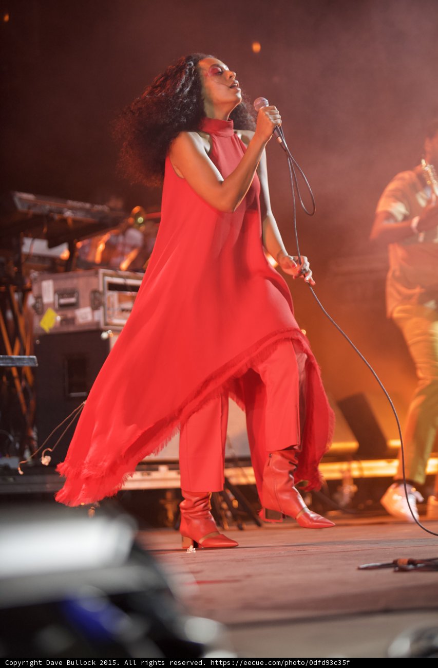 Solange Full Body Mic Cord Looped Red Dress Boots Guitarist